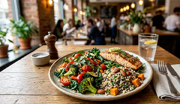 Balanced plate with vegetables lean protein and whole grains for healthy eating