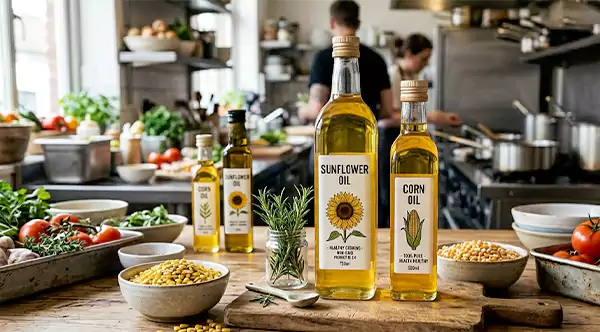Bottles of sunflower and corn oil used for healthier restaurant cooking
