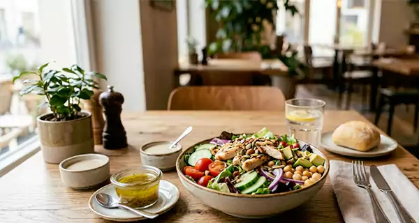Healthy restaurant meal with salad dressing served on the side