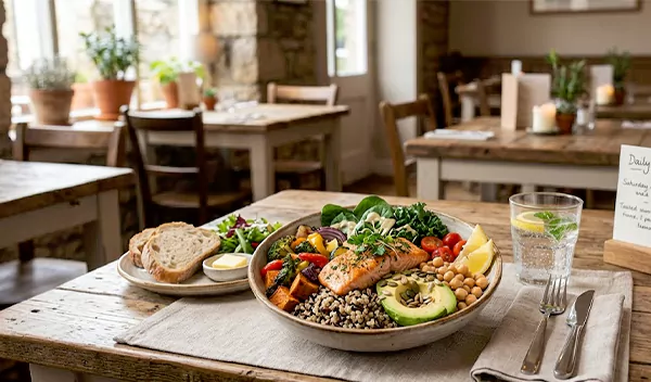 Nutritious restaurant bowl featuring fresh produce lean protein and whole grains
