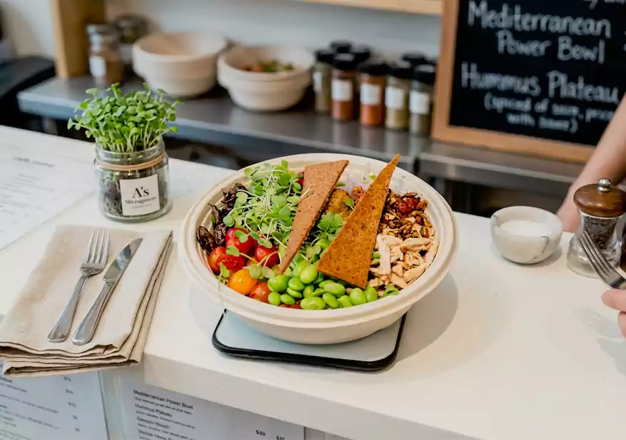 Paper bowl with edamame, cherry tomatoes, mixed greens, shredded meat, nuts, and triangular crisps.