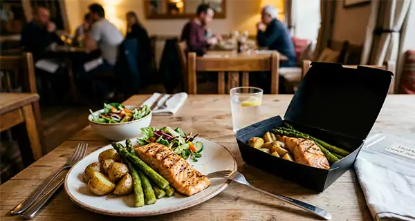 Restaurant meal being packed into a takeaway box for portion control