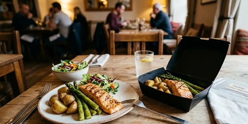 Restaurant meal being packed into a takeaway box for portion control
