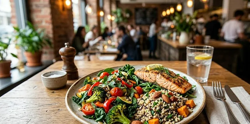 Balanced plate with vegetables, lean protein and whole grains for healthy eating