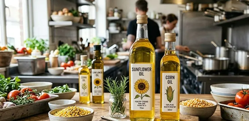 Bottles of sunflower and corn oil used for healthier restaurant cooking