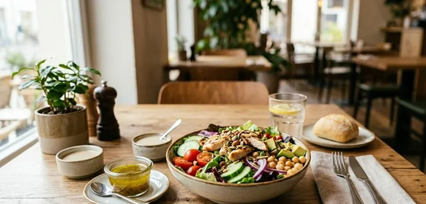 Healthy restaurant meal with salad dressing served on the side