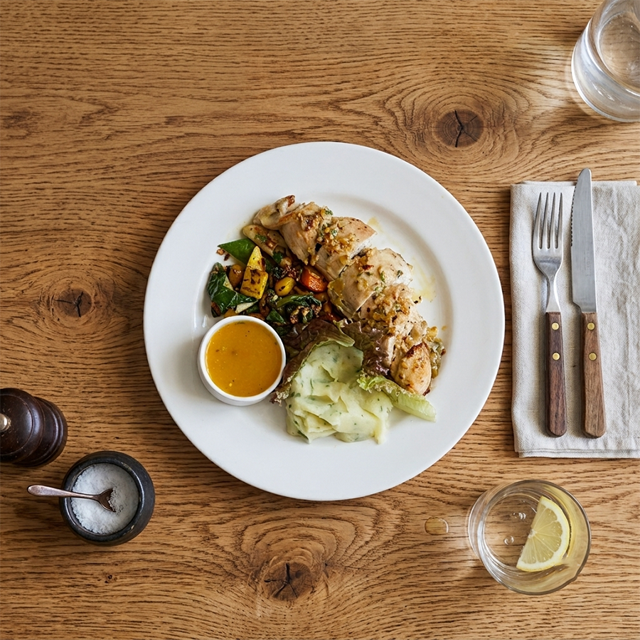 Roasted chicken breast served with creamy mashed potatoes