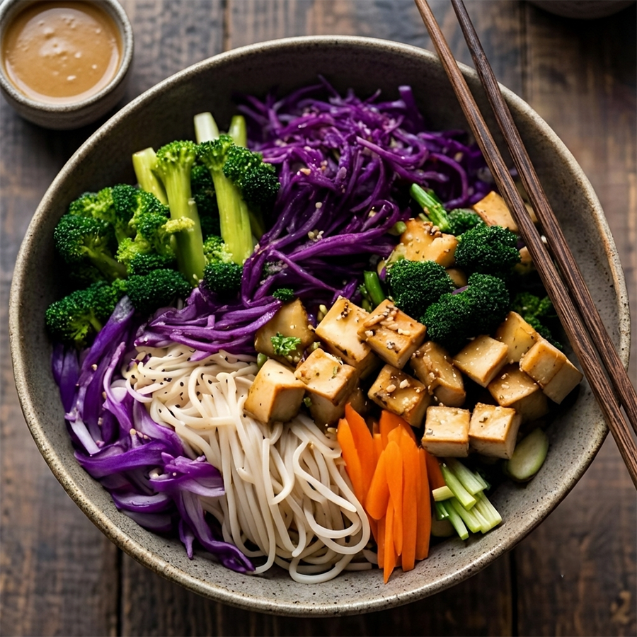 Savory noodle bowl with stir-fried tofu, broccoli, purple cabbage, and carrots