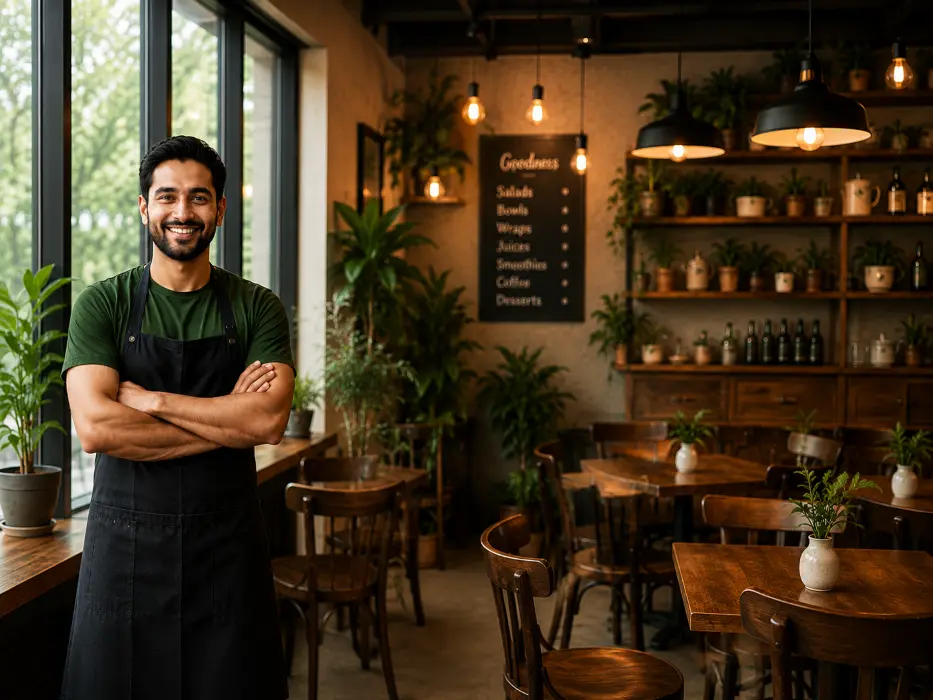 Restaurant owner showcasing healthy menu listing