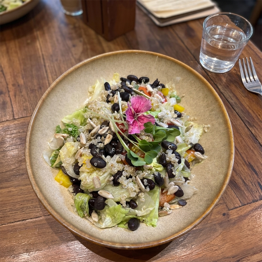 uinoa salad with black beans, fresh lettuce, and sunflower seeds, garnished with a flower.